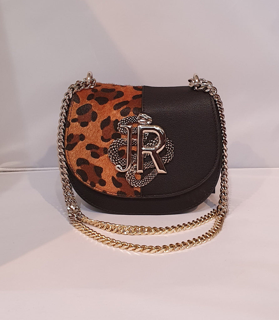Borsa a tracolla nera Richmond con inserto in pelo maculato e logo