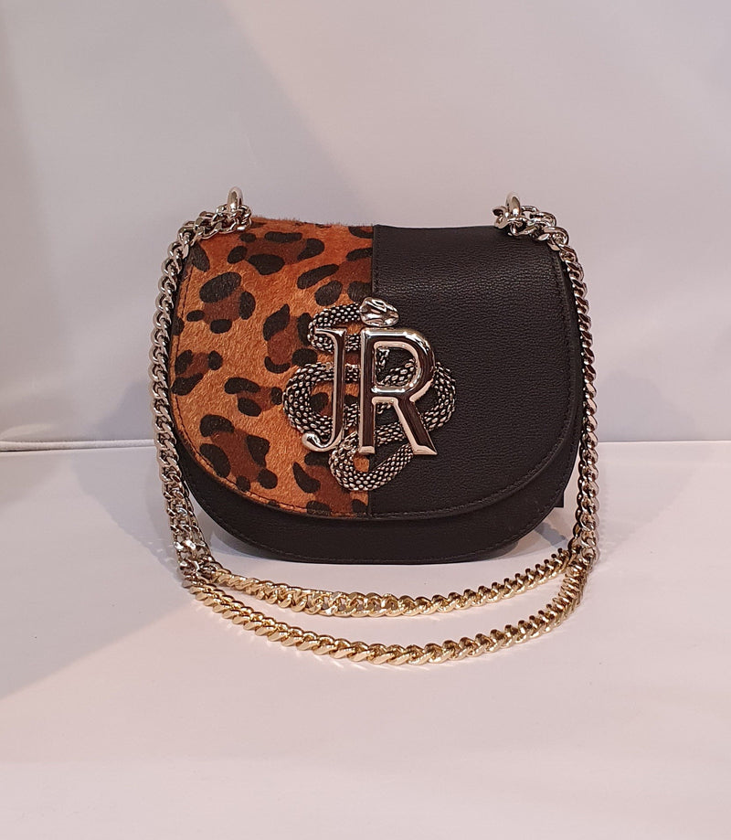 Borsa a tracolla nera Richmond con inserto in pelo maculato e logo